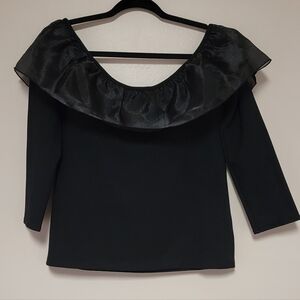 NWT J CREW Organza Ruffle Top Blouse Black Sz Med Off Shoulder Stretch Party